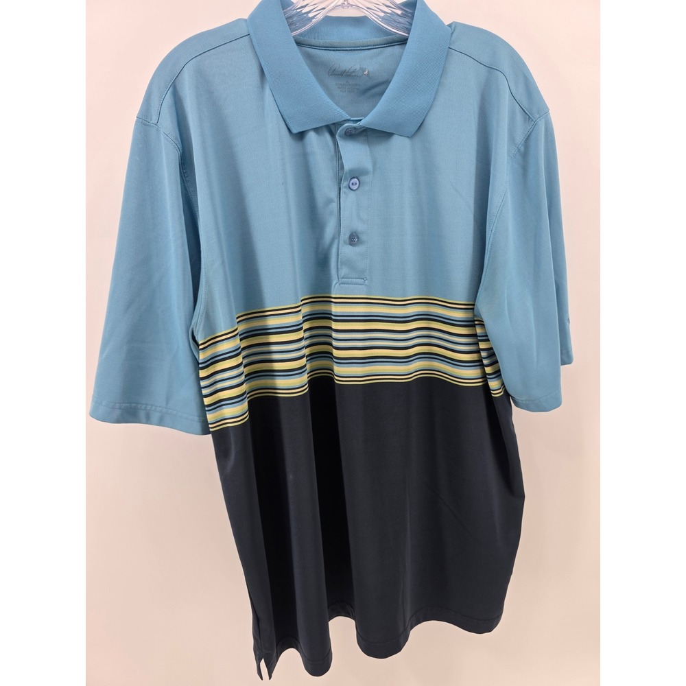 Arnold Palmer Mens Large Blue Striped Colorblock Performance Golf Polo Shirt